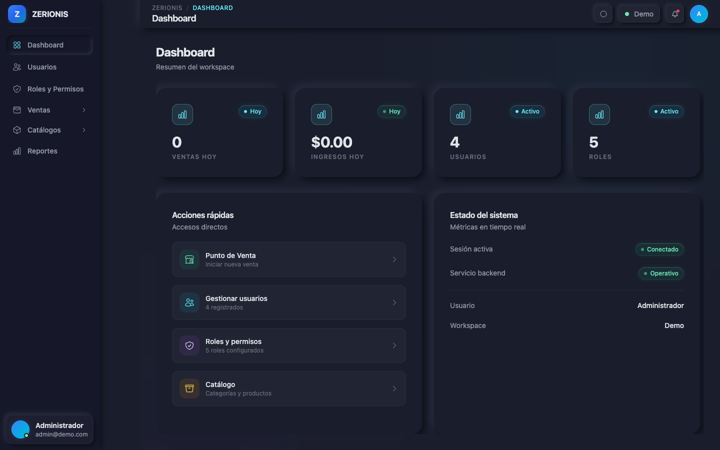 Dashboard de sistema de ventas con resumen de caja e inventario